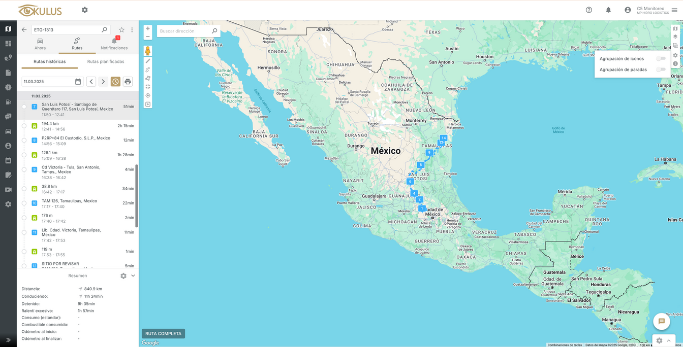 Plataforma de rastreo satelital Okulus — vista de mapa con flotilla